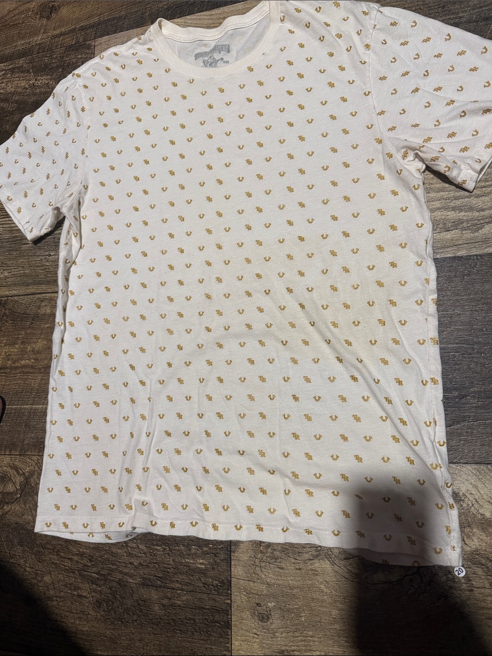 True Religion White Tee with Gold Micro Logo Pattern